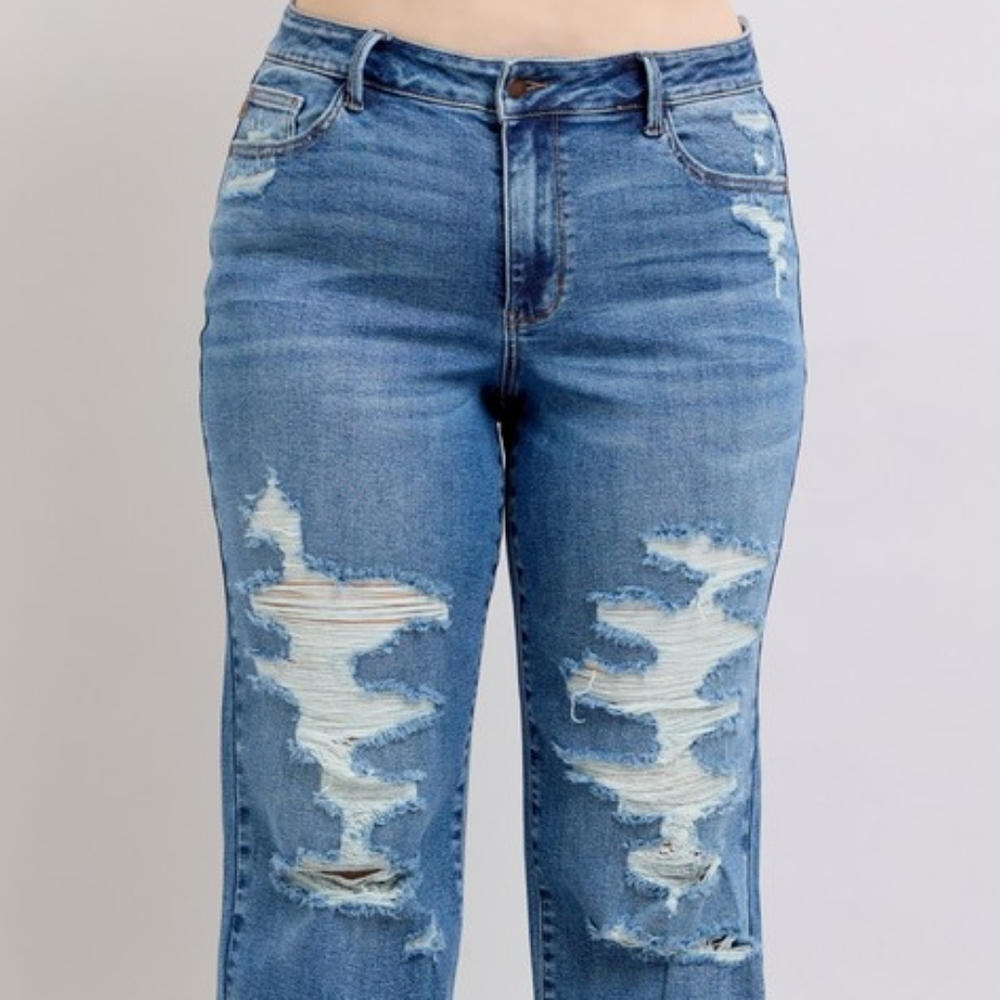 Judy Blue High-Rise Distressed Straight Leg Torn Hole Slim Fit Jeans Denim Pants - Picture 8 of 15